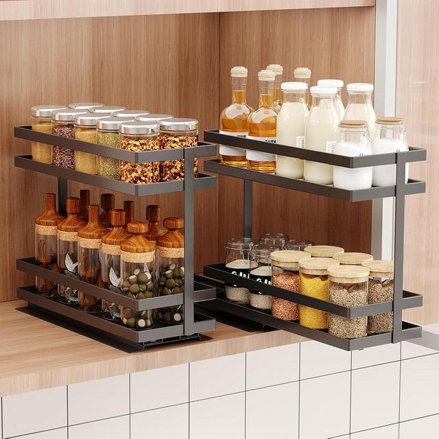 Mustorn 2 Pack Pull Out Spice Rack Organizer for Cabinet, 2 Tier Metal Slide Out Seasoning Organizer and Storage Heavy Duty Vertical Spice Rack Shelf Pullout for Kitchen Cabinets No Drilling (Black)