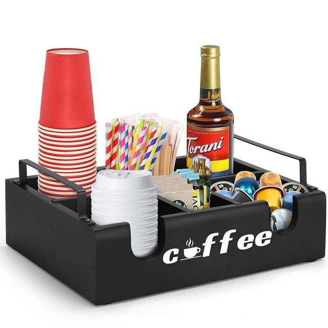 Magonanly Wood Coffee Station Organizer for Countertop Coffee Bar Accessories and Organizer with Removable Dividers Coffee Pod Holder for K Cups Lid Coffee Storage Basket with Handle,Black