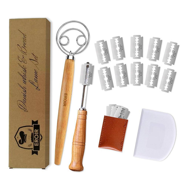EROIR Danish Dough Whisk and Bread Lame Set - 13 Inch Dutch Bread Whisk - Bread Lame Dough Scoring Tool with 10 Razor Sharp Blades and Leather Cover