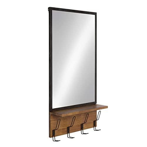 Kate and Laurel Coburn Distressed Metal Mirror with Wood Shelf and Hooks, Brown