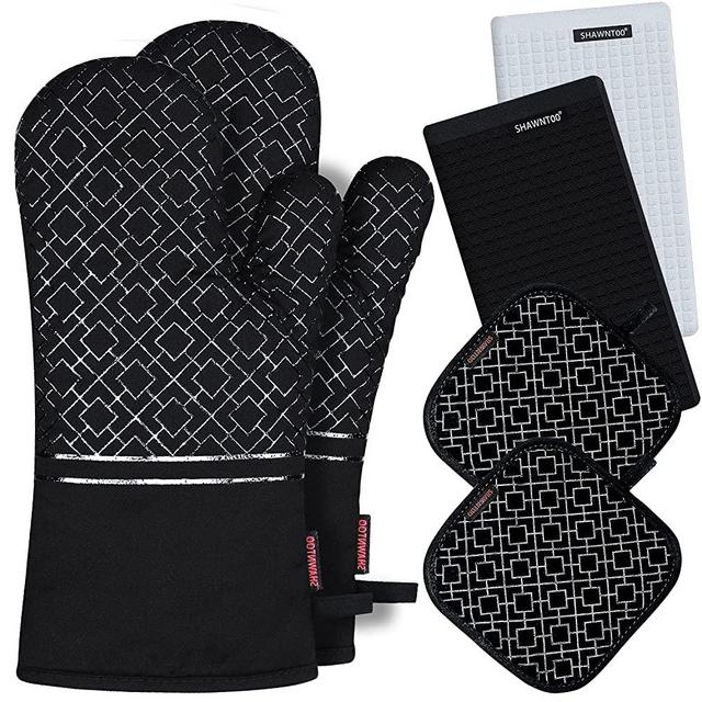 Oven Mitts and Pot Holders Set 6pcs, Kitchen Oven Glove,High Heat Resistant 550 Degree Extra Long Oven Mitts and Potholder with Non-Slip Silicone Surface for Cooking Baking Grilling (Black)