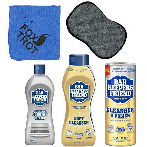 Bar Keepers Friend Cleanser Trio - Mega Bundle (21 Oz Cleanser & Polish Powder | 26 Oz Liquid Soft Cleanser | 13 Oz Cooktop Cleaner) Plus 1 Foxtrot™ Microfiber Towel & 1 Microfiber Scrubber Sponge