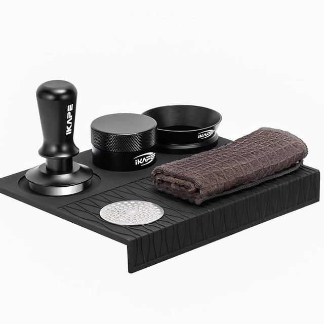 IKAPE 53MM Coffee Tamper Set Black 6 IN 1, Espresso Tool Kit for Making Perfect Shots – Tamper, Distributor, Funnel, Mat, Screen, and Towel