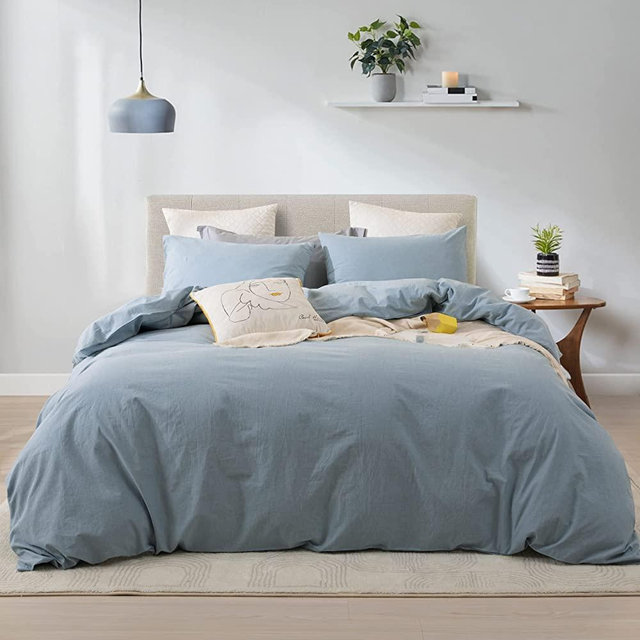 Ventidora Duvet Cover Set 100% Washed Cotton Light Blue 3 Piece Bedding Set King Size,Luxury Soft and Comfortable 1200 Thread Count,with 8 Corner Ties(1 Duvet Cover+2 Pillowcases) 106x90Inches