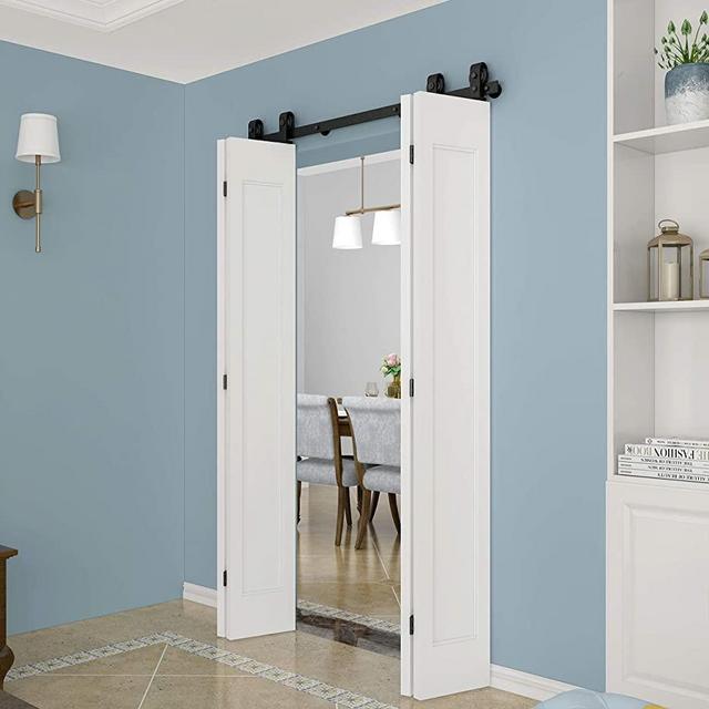 DIYHD 51-3/16" Bifold Sliding Barn Door Hardware,1 Piece Black Flat Track Top Mount Roller,Kit for 4 Doors(NO Door)