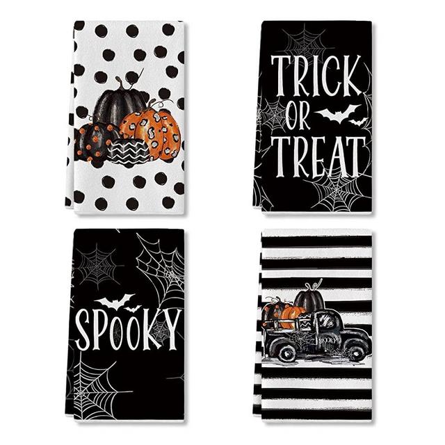 Artoid Mode Stripes Dots Truck Pumpkins Spooky Trick or Treat Halloween Kitchen Towels Dish Towels, 18x26 Inch Seasonal Decor Hand Towels Set of 4