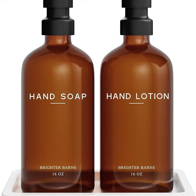 Amber Glass Soap Dispenser Bathroom Set by Brighter Barns - Modern Soap and Lotion Dispenser Bathroom Set - Liquid Hand Soap Dispenser Tray and Pump Set - Neutral Bathroom Decor & Accessories (Amber)