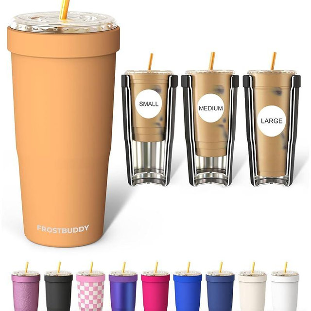 Frost Buddy Togo Buddy 30 oz Stainless Steel Vacuum Insulated Tumbler To Go Coffee Cup – Iced Coffee Cups, Iced Coffee Sleeve, Travel Mug, Thermal Cup for Hot & Cold Drinks, Dunkin Cup (Peachy Palm)