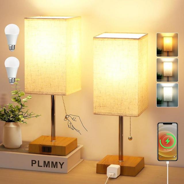 PLMMY Bedside Table Lamp for Bedroom Nightstand, 3 Color Nightstand Lamps Set of 2 with AC Outlets, Square Pull Chain Bedside Lamp for Living Room, Office Desk, LED Bulb Included
