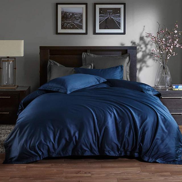 AIKOFUL King Size Duvet Cover Set,100% Egyptian Cotton 3 Piece 1200 Thread Count Luxury Bedding Set- Button Closure & Corner Ties-1 Duvet Cover 2 Pillow Sham(Navy Blue)