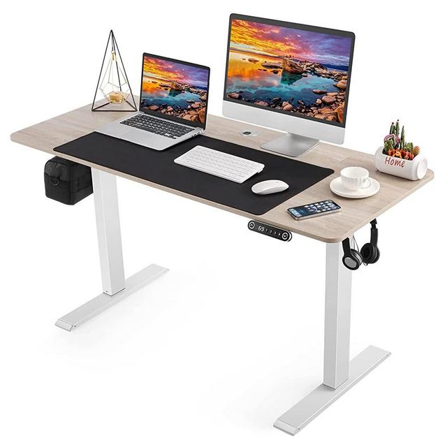 Electric Standing Desk Adjustable Height, 48 x 24 inch Sit Stand Desk with Double Crossbeam Structure, Four Memory Heights, 27''-45'' Lifting Range Stand up Desk（Oak Tabletop with White Frame）