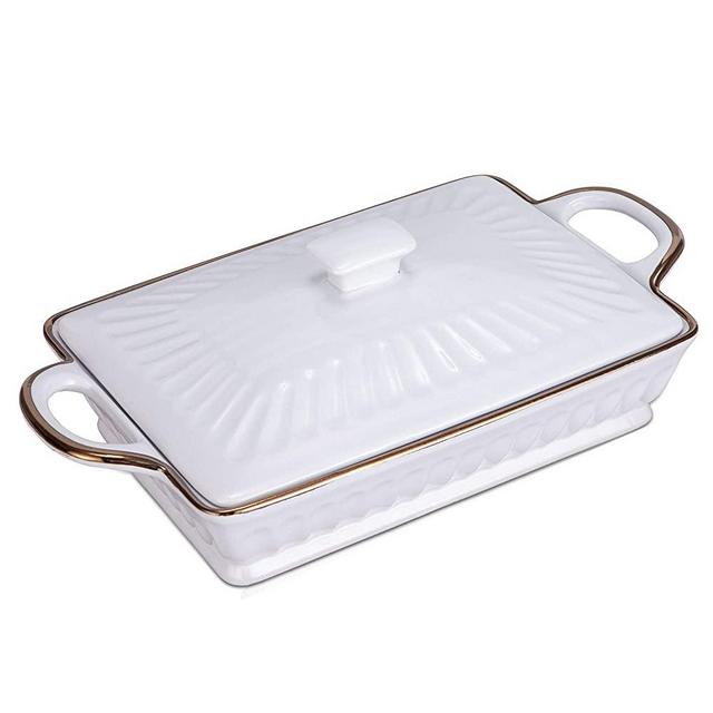 Ceramic Casserole Dish with Lid, Covered Baking Dish Porcelain Lasagna Pans Large 11 X 6 inch Rectangula White， Oven Freezer and Dishwasher Safe -JH JIEMEI HOME