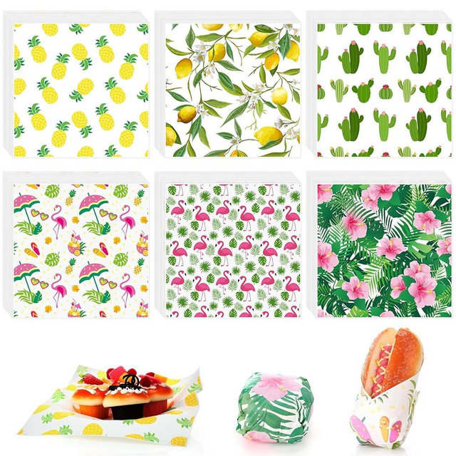 Reallnaive 600 Pcs Wax Paper Sheets 12 x 12 Inch Parchment Deli Tissue Paper Sandwich Wrapping Sheets Food Basket Liners for Kitchen Restaurant Baking Supplies, 6 Styles (Summer Theme)