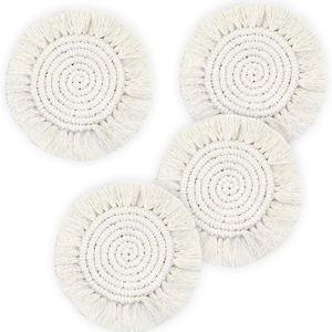 7.4in Boho Coasters Set of 4, Cute Drink Coasters Absorbent for Desk, Farmhouse Handmade Woven Macrame Coaster for Mugs Cups - Gifts for Women, 4PCS Round, Beige