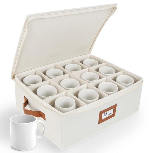 HOMELUX THEORY Coffee Mug Storage with Dividers, Ivory Hard Shell China Storage Containers, Kitchen Storage Bins With Lids, Heavy Duty Moving Box for Packing Glassware, Stemware & Glassware