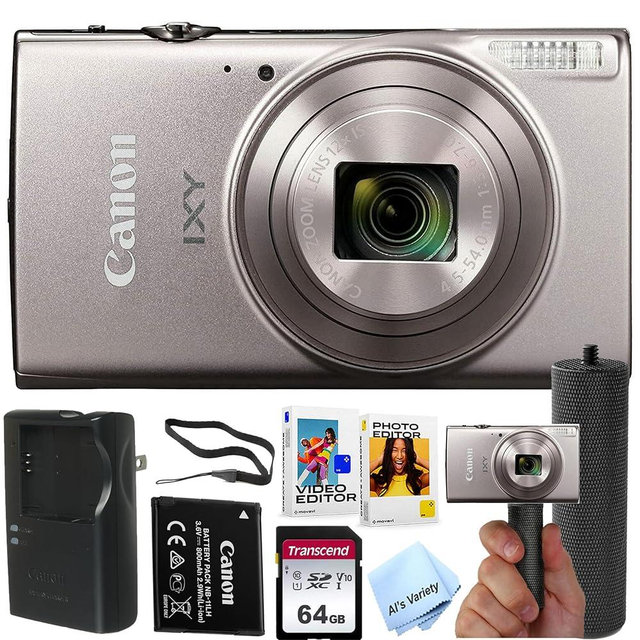 Canon PowerShot IXY 650 (ELPH 360) HS Digital Camera (Silver)+ 64GB Memory + Stabilizing Grip + Software Pack +More (Renewed)