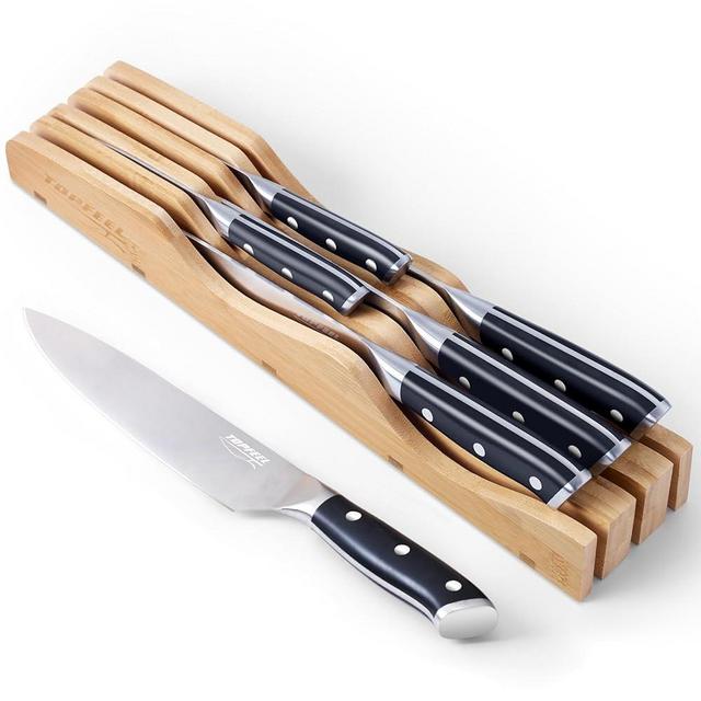 6Pcs Kitchen Knife Set with In-Drawer Bamboo Knife Organizer- 3.5-8 Inch Set Kitchen Knives German High Carbon Stainless Steel Sharp Knife, Knives Set for Kitchen with Ergonomic Handle Gift Box