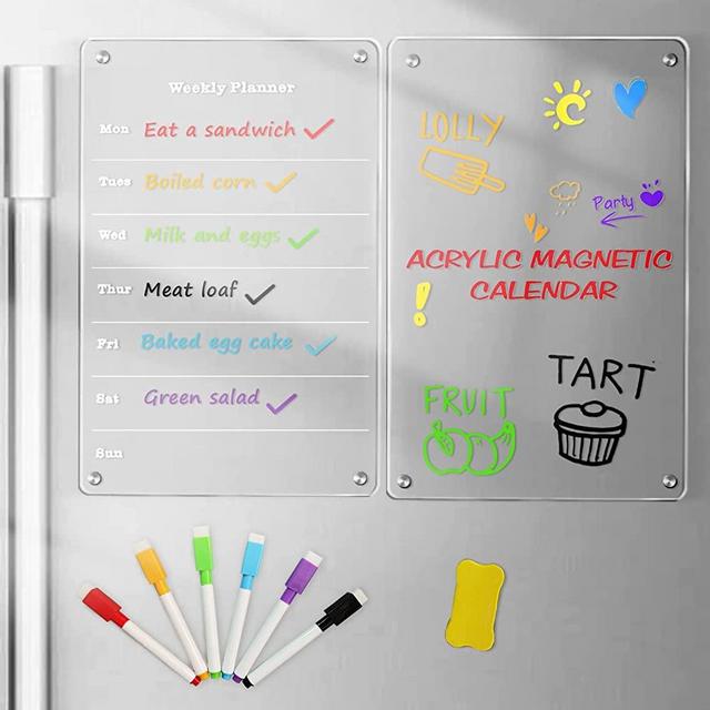Magnetic Calendar for Fridge Set (2 Boards) Acrylic Calendar for Fridge Magnetic Dry Erase Board for Fridge, Includes 6 Dry Erase Markers and Eraser