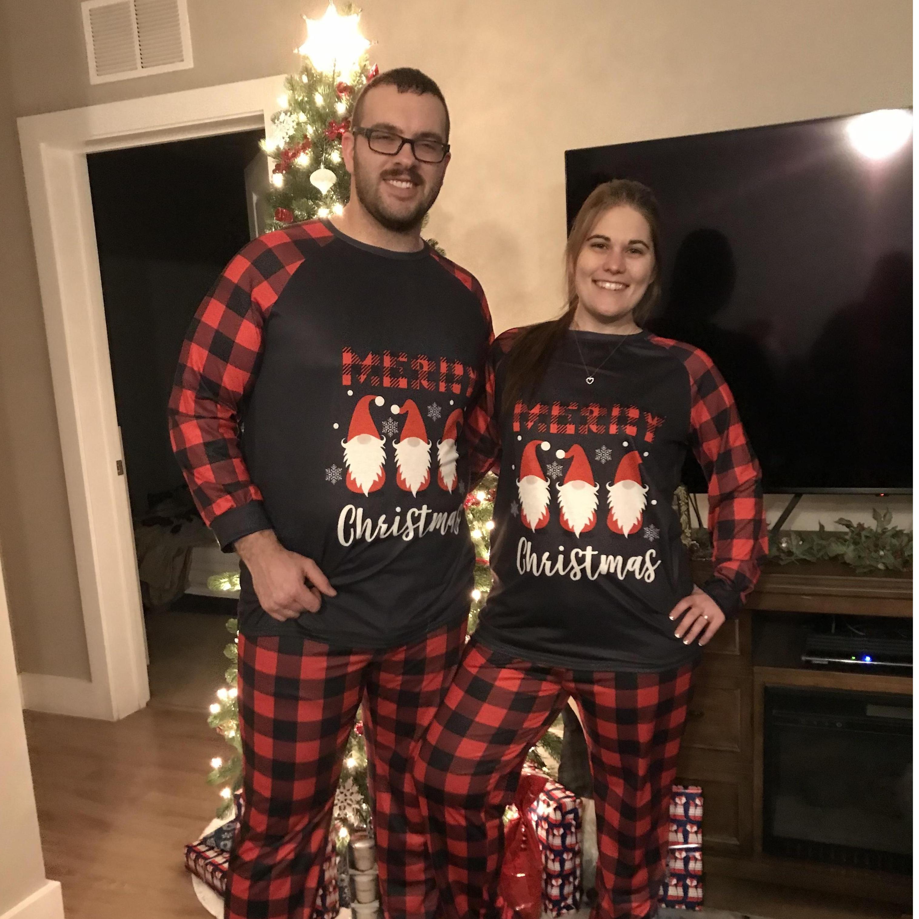 Christmas 2021 - Matching pajamas. Yes, Kaytlynn made Victor do the matching Christmas PJs. Yes, she convinced him to get the gnome ones. Yes, they rocked them.