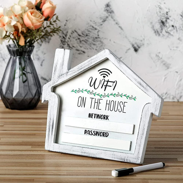 Wifi Sign with Marker Pen, White Wifi Password Sign for Home Farmhouse Sign Wood Home Decor Plaque with Writable and Erasable Surface, Hang or Stand, Wifi on the House Rustic Decorative Sign Plaque
