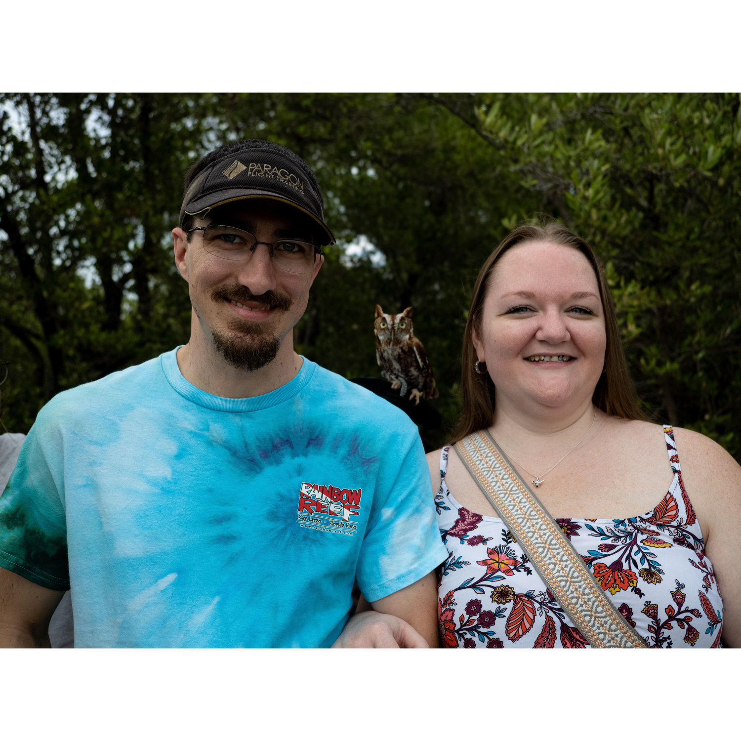 Tim, Amanda, and Luna the Owl right after Tim proposed in Tavernier, FL
