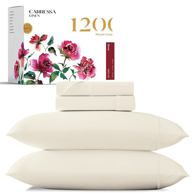 Carressa Linen 100% Egyptian Cotton Sheets Queen Size - 1200 Thread Count 4 PC Queen Sheet Set Egyptian Cotton, Sateen Weave Luxury Sheets Queen, High Thread Count Sheets, 16" Deep Pocket - Ivory