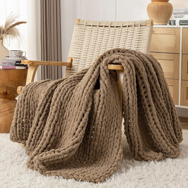 LAST MODA Chunky Knit Blanket Throw, 100% Hand Knit Throw Blanket Handmade Chenille Cable Knit Throw for Couch, Stylish Cozy Soft Rope Knot Crochet Blanket for Home Decor, Camel, 50x60 Inches