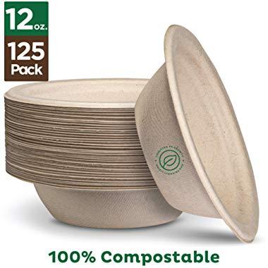 100% Compostable 12 oz. Paper Bowls [125-Pack] Heavy-Duty Quality Natural Disposable Bagasse, Eco-Friendly Biodegradable Made of Sugar Cane Fibers