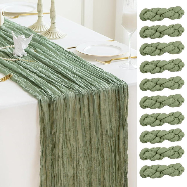 Sioloc 10 Pack Sage Green Cheesecloth Table Runner Spring Decor 10ft Boho Gauze Cheese Cloth Runner for Easter Tea Wedding Party Baby Bridal Shower Birthday St Patricks Day