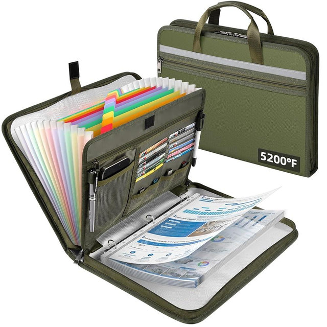 5200℉ Fireproof Document Organizer with 13 Accordion Expanding File Folder, Aluminum Foil Zipper Binder with 30 A4/Letter Sheet Protector, Binder for School Office Home Storage (Green)