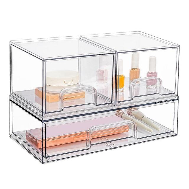 Vtopmart Stackable Storage Drawers Set of 3, 12" Wide and 4.4'' Tall Clear Plastic Organizer Bins for Makeup, Cosmetics, Beauty Supplies,Ideal for Vanity, Bathroom,Cabinet,Pantry Organization