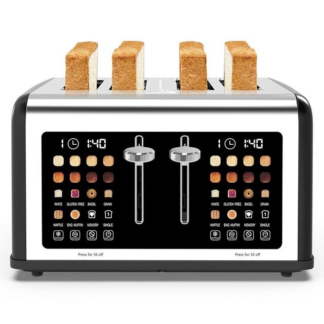 4 Slice Toaster Touch Screen, Stainless Steel Toasters Digital Timer, Dual Control Panel Toasters, 8 Shade Settings 6 Bread Types for Bagel, Cancel, Defrost 1650W Black