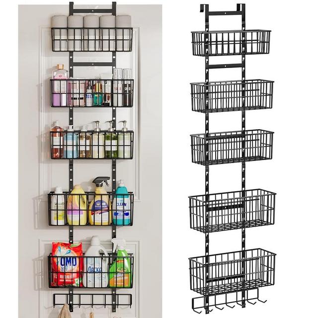 Hongtamoya Adjustable Over The Door Organizer, Metal Hanging Door Organizer with 5 Wire Basket 7 Hooks, Wall Mounted Shelf for Pantry Laundry Organization and Storage, Black