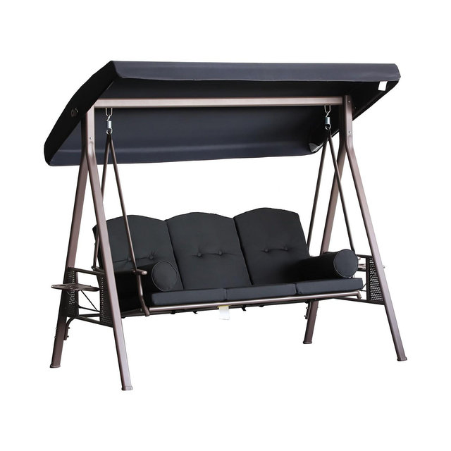 Outsunny Outdoor Patio 3-Person Steel Canopy Cushioned Seat Bench Swing with Included Side Trays & Padded Comfort, Black