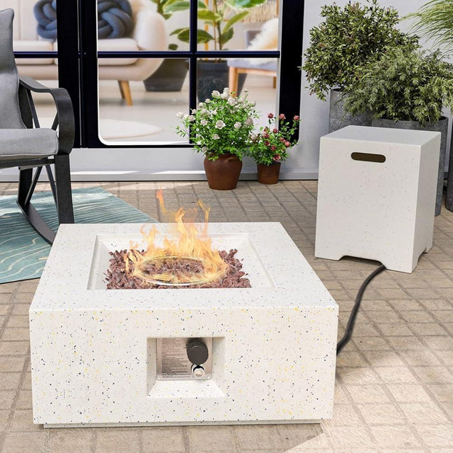 HOMPUS Outdoor Propane Fire Pit 40,000 BTU 28-inch Square Concrete Natural Gas Fire Table Outside Smokeless Firepit Furniture with Tank Cover,Lava Rocks and Rain Cover for Garden,Deck,Backyard