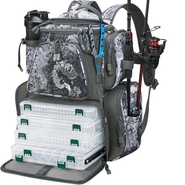 Piscifun Fishing Tackle Backpack with 4 Trays, Large Outdoor Storage Tackle Bag with Protective Rain Cover for Fishing Gear