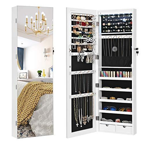 SONGMICS 47.2" H Full Screen Mirrored Jewelry Cabinet Armoire, 6 LEDs Jewelry Organizer Wall Hanging/Door Mounted, Larger Capacity, Valentine Gifts, Pure White UJJC99WT