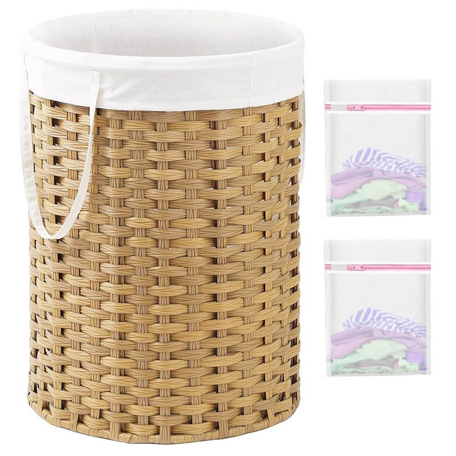 SETVSON Laundry Basket Round Rattan Laundry Hamper 29.1 Gal(110 L)Handwoven Large Wicker Basket with Handles, Wicker Hamper with Removable Bags and 2 Mesh Bags for Bathroom Living Room Natural(No Lid)