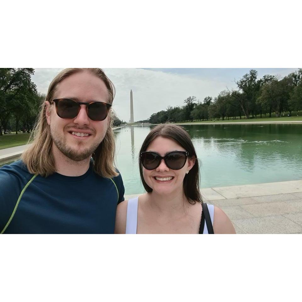 At the stairs of Lincoln and Washington in the backdrop.