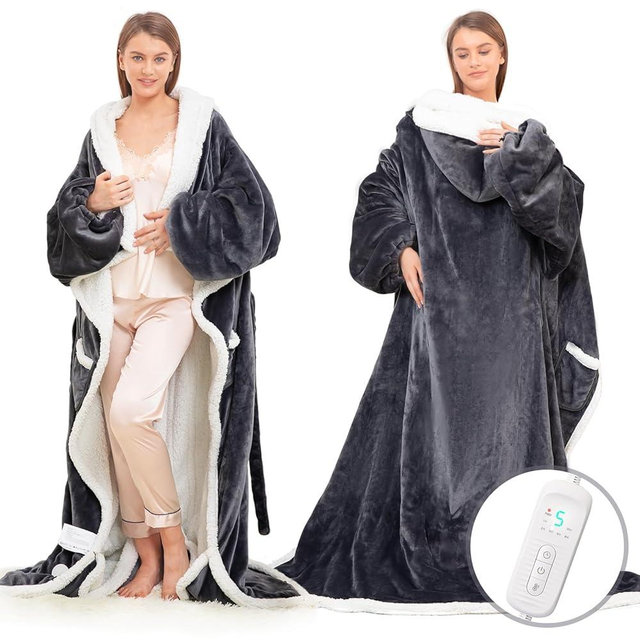 Wearable Heated Blanket with Foot Pocket, Electric Wearable Throw Blanket with Sleeves, Hood, Portable Heated Blanket with 8 Heat Settings, 1-10 Hours Auto Shut-off, Gift for Family, Friends, 50*60"