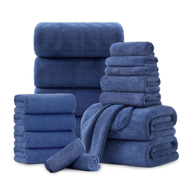 18 Piece Microfiber Bath Towels Set - 6 Bath Sheets,6 Hand Towels And 6 Washcloths,Soft Family Towels,Highly Absorbent Bathroom Towel,Quick Dry Shower Towel Luxury Towels For Hotel Spa Dorm-Navy Blue