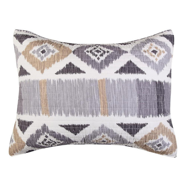 Levtex Home - Santa Fe Quilted King Sham (36x20in.) - Ikat Pattern - Soft Grey, Cream, and Tan - Cotton