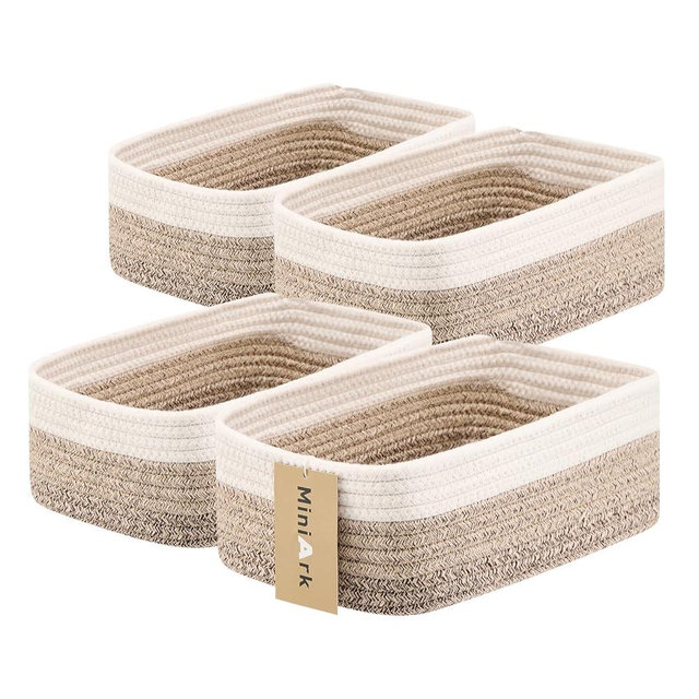 MiniArk Small Storage Baskets for Organizing | Closet Organizer Bins | Shelf Toy Basket | Woven Rope Baskets | Cube Decorative Box | Shallow Basket |11.5x7.5x4.7”| 4 Packs Gradient Brown