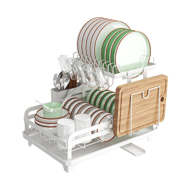 2-Tier Collapsible Multi-Functional Dish Drying Rack with Cutlery Box and Cup Holder