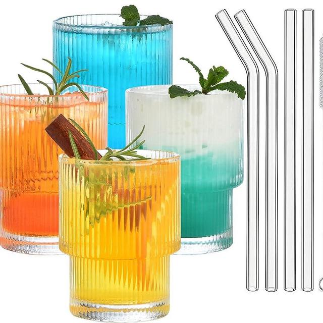 ALINK 7 oz Ribbed Drinking Glasses with Glass Straws 4pcs Set, Vintage Iced Coffee Cups Glassware, Origami Style Ridged Glass Tumbler for Coocktail, Whiskey, Beer, Water - Cleaning Brush