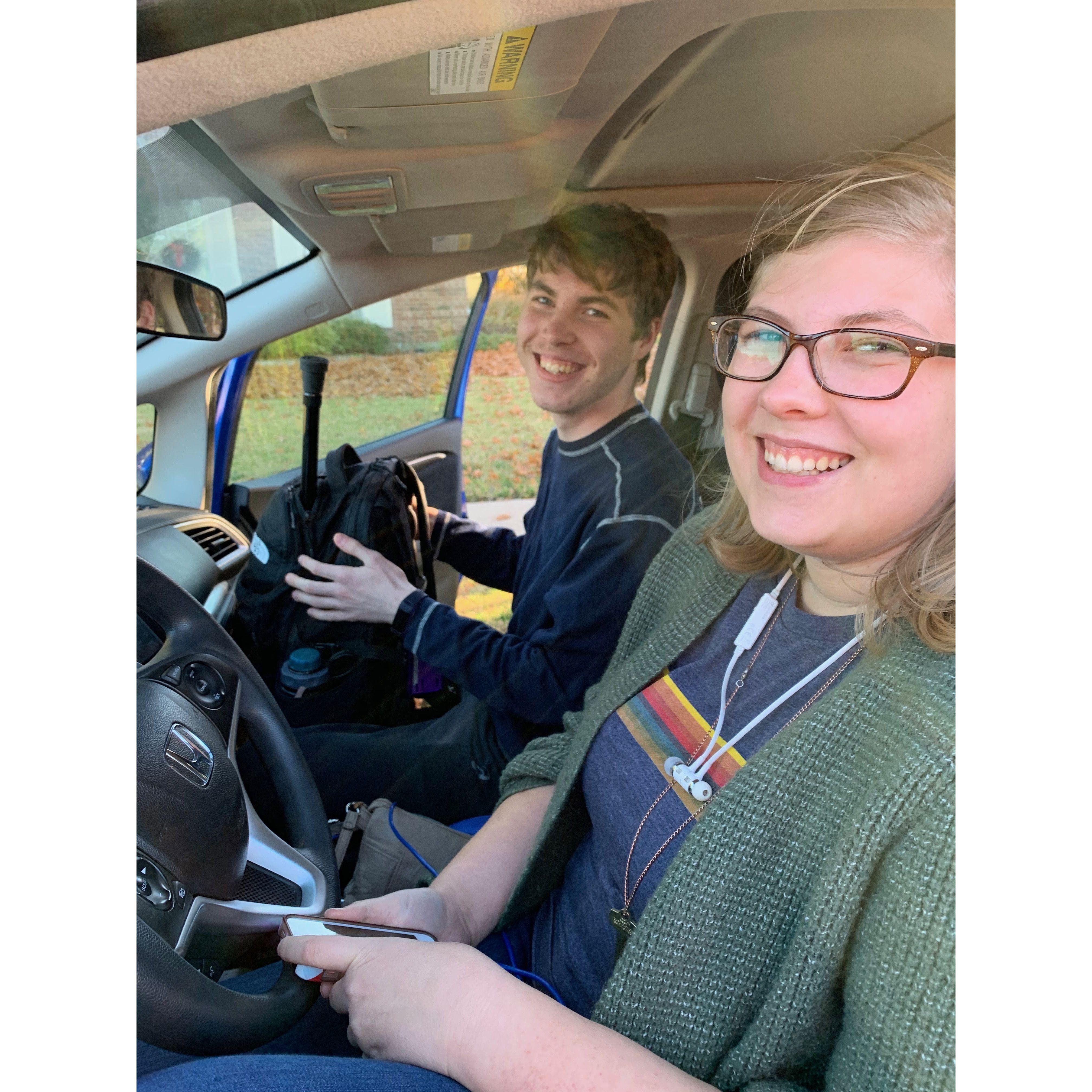 First time as travel buddies! We drove together for Fall Break, and Hannah was very anxious about her music choices.