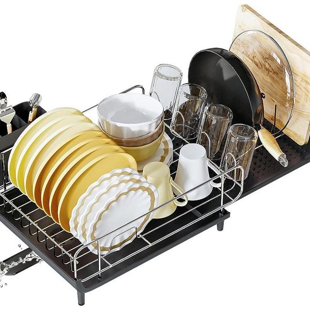 Fixwal Large Dish Drying Rack, Dish Rack for Kitchen Counter, Expandable Stainless Steel Dish Drainers, Kitchen Gadgets with Utensil Holder & Drainboard for Various Kitchenware