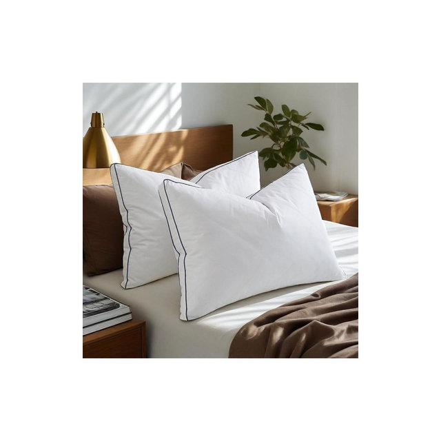Peace Nest Goose Feather Down Pillow White Quilted Cotton Cover Set of 2, Diamond-Navy, Standard/Queen