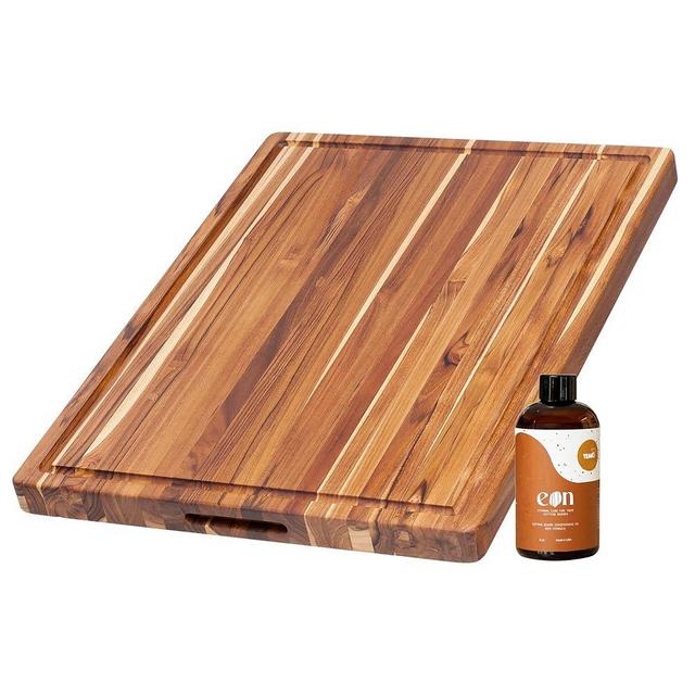 Teakhaus Carving Board and Cutting Board Oil Set - Includes Large (L) Wood Cutting Board with Juice Groove and EON Food Grade Mineral Oil - Knife-Friendly - FSC Certified