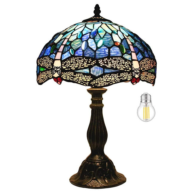 Bedside Tiffany Table Lamp Blue Stained Glass Dragonfly Style Desk Reading Short Banker Light 18" Tall Living Room Bedroom Vintage Library Hotel Luxurious Victorian Type WERFACTORY LED Bulb Included